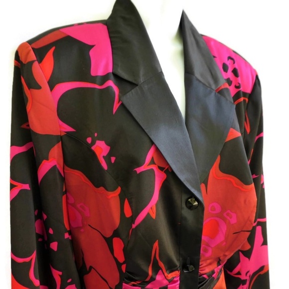 NEW JS Collections Pure Silk Satin Blazer Blouse Floral Ruched Shoulder Pads 14W - Picture 5 of 6